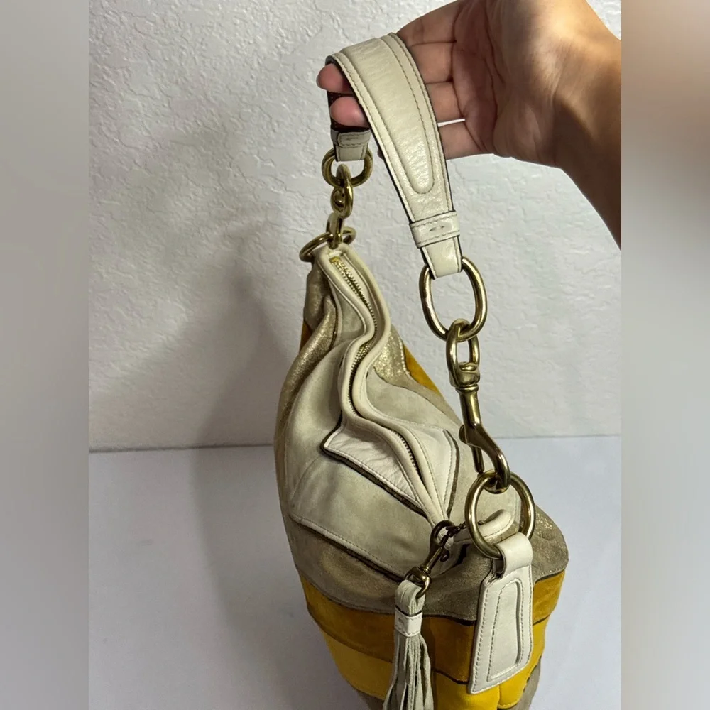 Coach Y2K Chevron Patterned Suede Leather Yellow Gold Cream Hobo Shoulder Bag